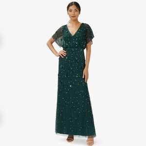 Adrianna Papell BEADED 3D FLORAL BLOUSON GOWN Surplice Neckline in DUSTY EMERALD